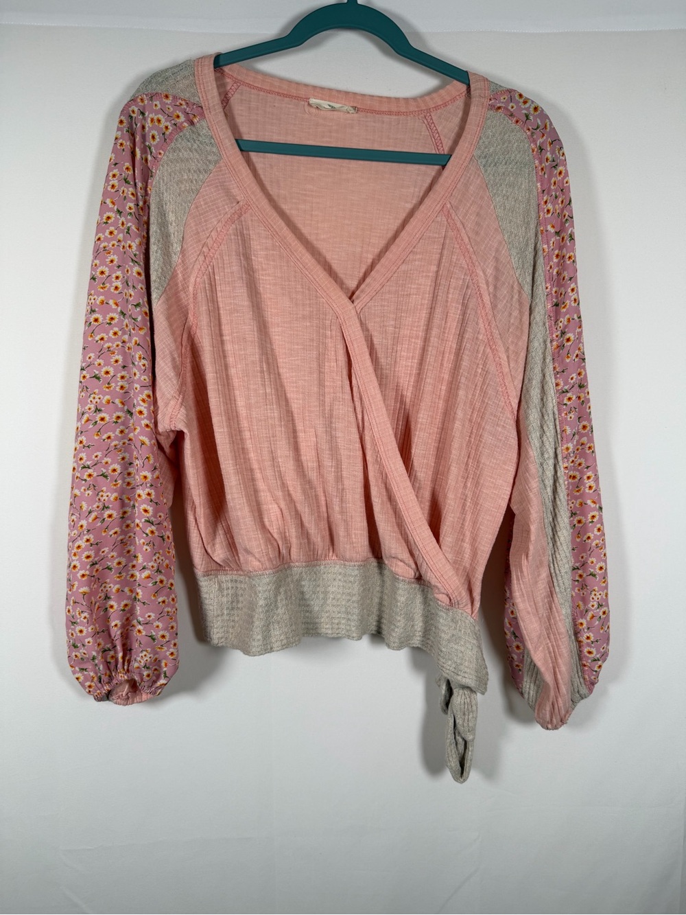 Hummingbird Pink Wrap Tunic with Patterned Balloon Sleeves - Boho, Indie